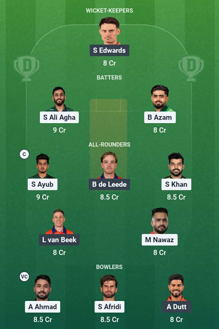 Screenshot from Dream11 app. Possible XIs, Fantasy Cricket Tips, SSC Colombo Pitch Report & Dream11 Prediction for the 1st Match of the T20 World Cup 2026: PAK vs NED.