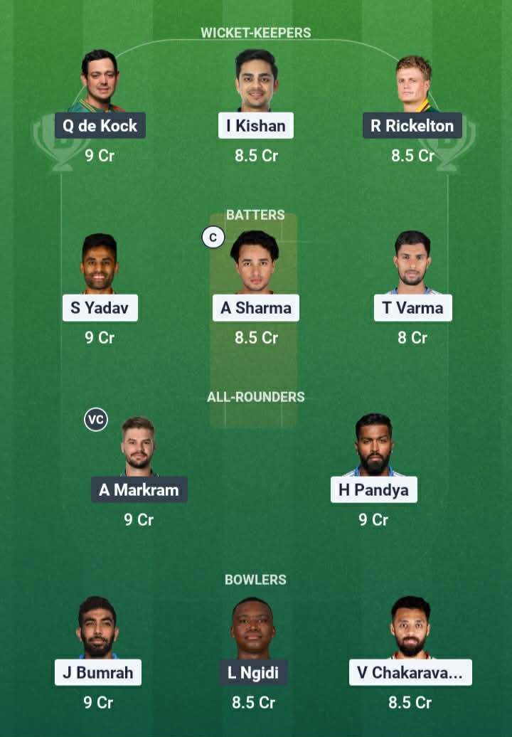 Screenshot from Dream11 app. Possible XIs, Fantasy Cricket Tips, Ahmedabad Pitch Report & Dream11 Prediction for the 43rd Match of T20 World Cup 2026: IND vs SA Today.