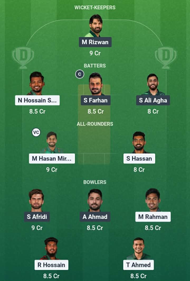 Screenshot from Dream11 app. Possible XIs, Fantasy Cricket Tips, Mirpur Pitch Report & Dream11 Prediction for the 1st ODI: PAK vs BAN 2026 Today.
