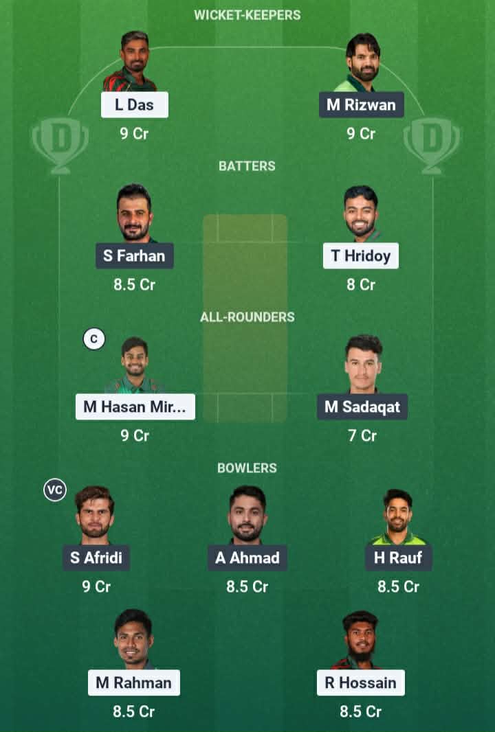 Screenshot from Dream11 app. Possible XIs, Fantasy Cricket Tips, Mirpur Pitch Report & Dream11 Prediction for the 1st ODI: PAK vs BAN 2026 Today.