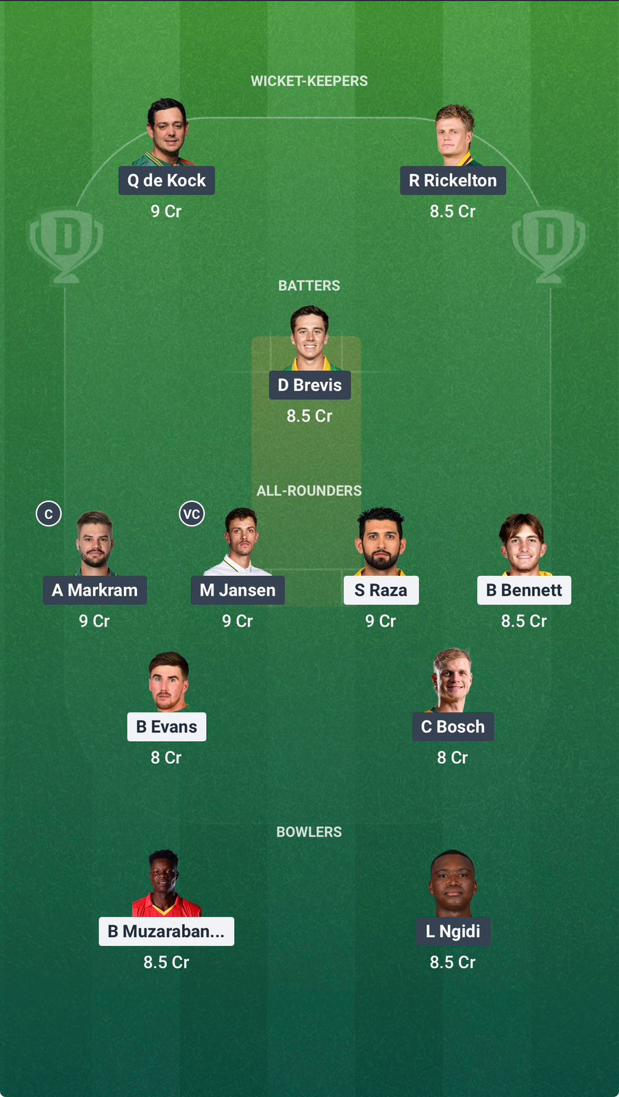 Screenshot from Dream11 app. Possible XIs, Fantasy Cricket Tips, Delhi Pitch Report & Dream11 Prediction for the 51st Match of T20 World Cup 2026: SA vs ZIM Today.