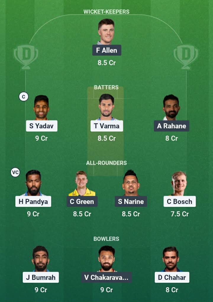 Screenshot from Dream11 app. Possible XIs, Fantasy Cricket Tips, Wankhede Pitch Report & Dream11 Prediction for the 2nd match of IPL 2026: MI vs KKR Today