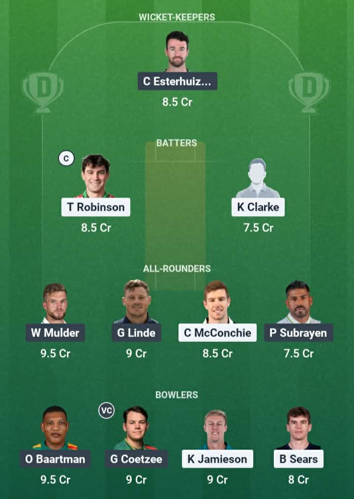 Screenshot from Dream11 app. Possible XIs, Fantasy Cricket Tips, Christchurch Pitch Report & Dream11 Prediction for the 5th T20: NZ vs SA 2026 Today.