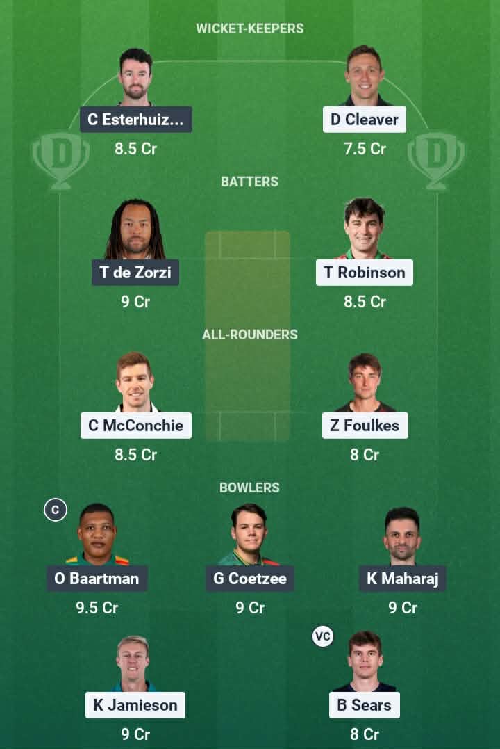 Screenshot from Dream11 app. Possible XIs, Fantasy Cricket Tips, Christchurch Pitch Report & Dream11 Prediction for the 5th T20: NZ vs SA 2026 Today.