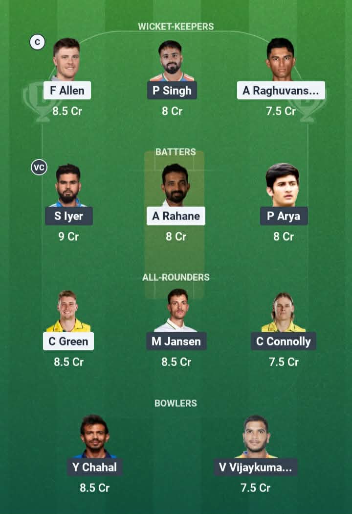 Screenshot from Dream11 app. Possible XIs, Fantasy Cricket Tips, Kolkata Pitch Report & Dream11 Prediction for the 12th match of IPL 2026: KKR vs PBKS Today.