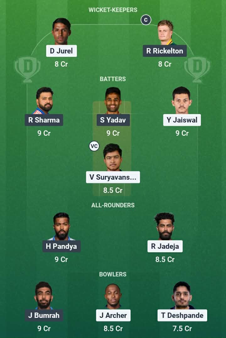 Screenshot from Dream11 app. Possible XIs, Fantasy Cricket Tips, Guwahati Pitch Report & Dream11 Prediction for the 13th match of IPL 2026: RR vs MI Today.