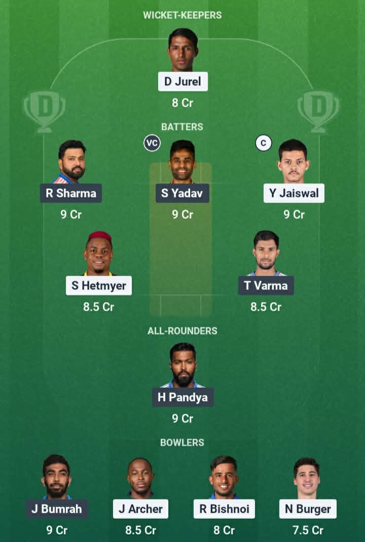 Screenshot from Dream11 app. Possible XIs, Fantasy Cricket Tips, Guwahati Pitch Report & Dream11 Prediction for the 13th match of IPL 2026: RR vs MI Today.