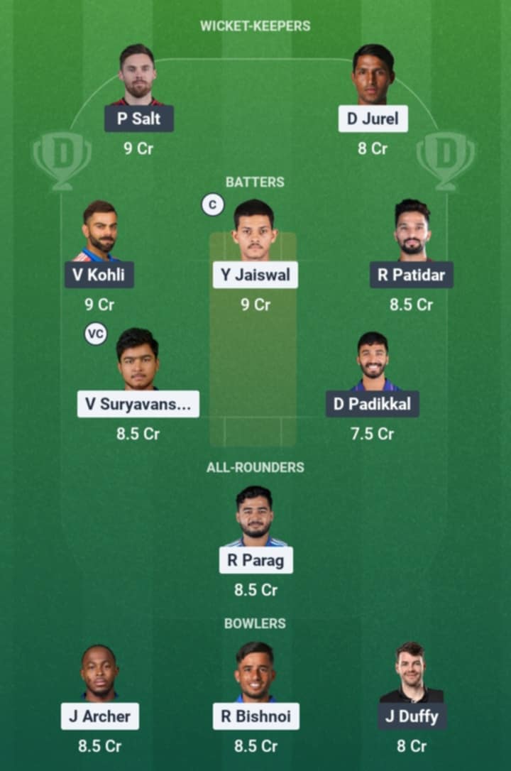 Screenshot from Dream11 app. Possible XIs, Fantasy Cricket Tips, Kolkata Pitch Report & Dream11 Prediction for the 16th match of IPL 2026: RR vs RCB Today.