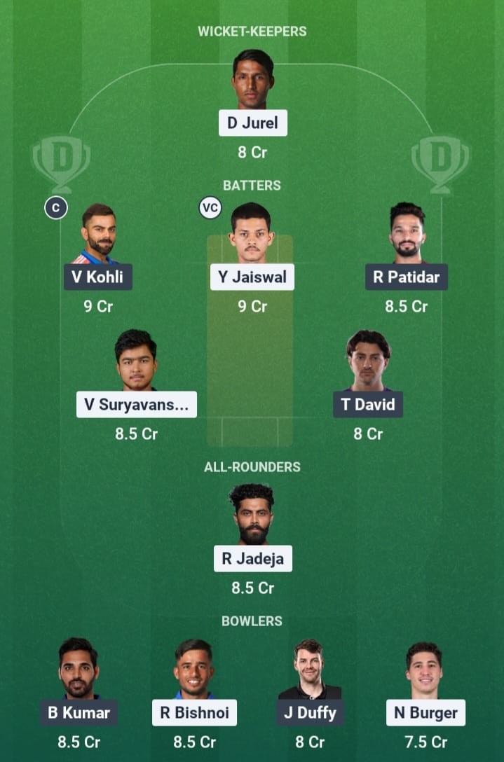 Screenshot from Dream11 app. Possible XIs, Fantasy Cricket Tips, Kolkata Pitch Report & Dream11 Prediction for the 16th match of IPL 2026: RR vs RCB Today.