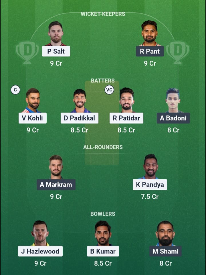 Screenshot from Dream11 app. Possible XIs, Fantasy Cricket Tips, Chinnaswamy Pitch Report & Dream11 Prediction for the 23rd match of IPL 2026: RCB vs LSG Today.