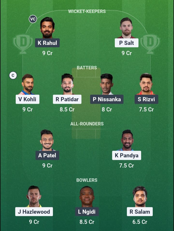 Screenshot from Dream11 app. Possible XIs, Fantasy Cricket Tips, Bengaluru Pitch Report & Dream11 Prediction for the 26th match of IPL 2026: RCB vs DC Today.