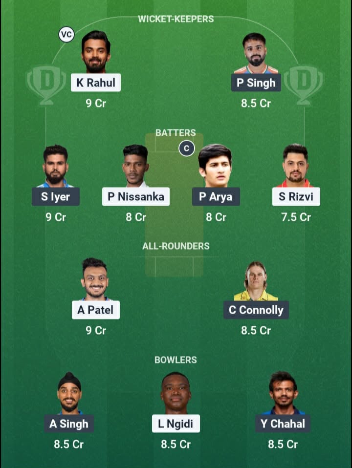 Screenshot from Dream11 app. Possible XIs, Fantasy Cricket Tips, Delhi Pitch Report & Dream11 Prediction for the 35th match of IPL 2026: DC vs PBKS Today.