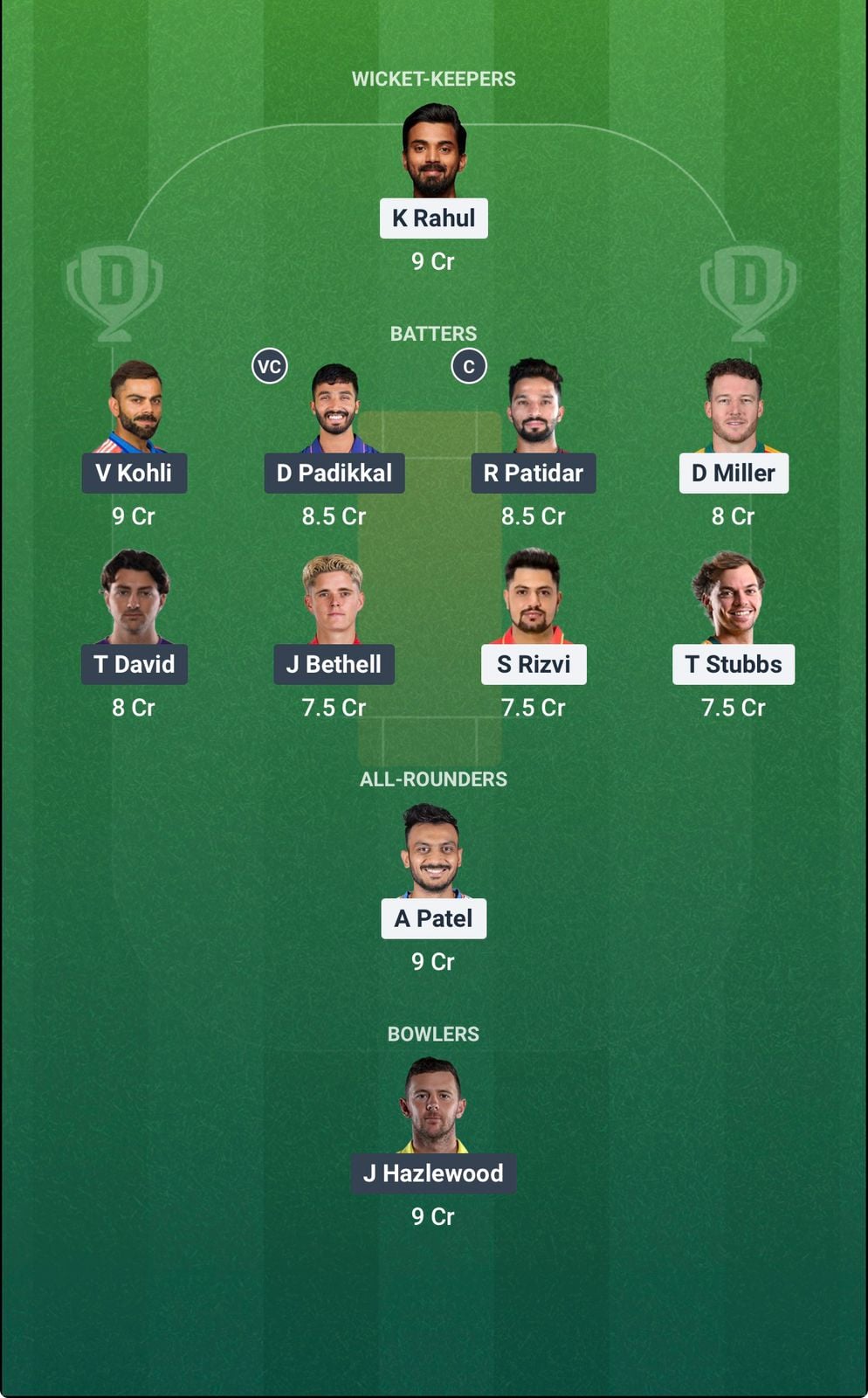 Screenshot from Dream11 app. Possible XIs, Fantasy Cricket Tips, Delhi Pitch Report & Dream11 Prediction for the 39th match of IPL 2026: DC vs RCB Today.