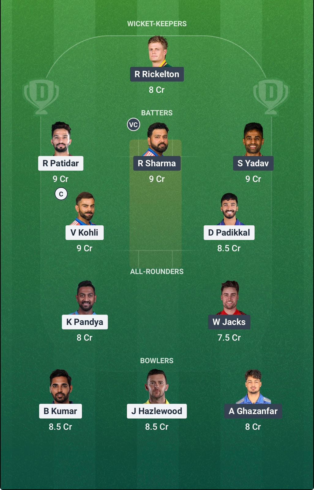 Screenshot from Dream11 app. Possible XIs, Fantasy Cricket Tips, Raipur Pitch Report & Dream11 Prediction for the 54th match of IPL 2026: RCB vs MI today.