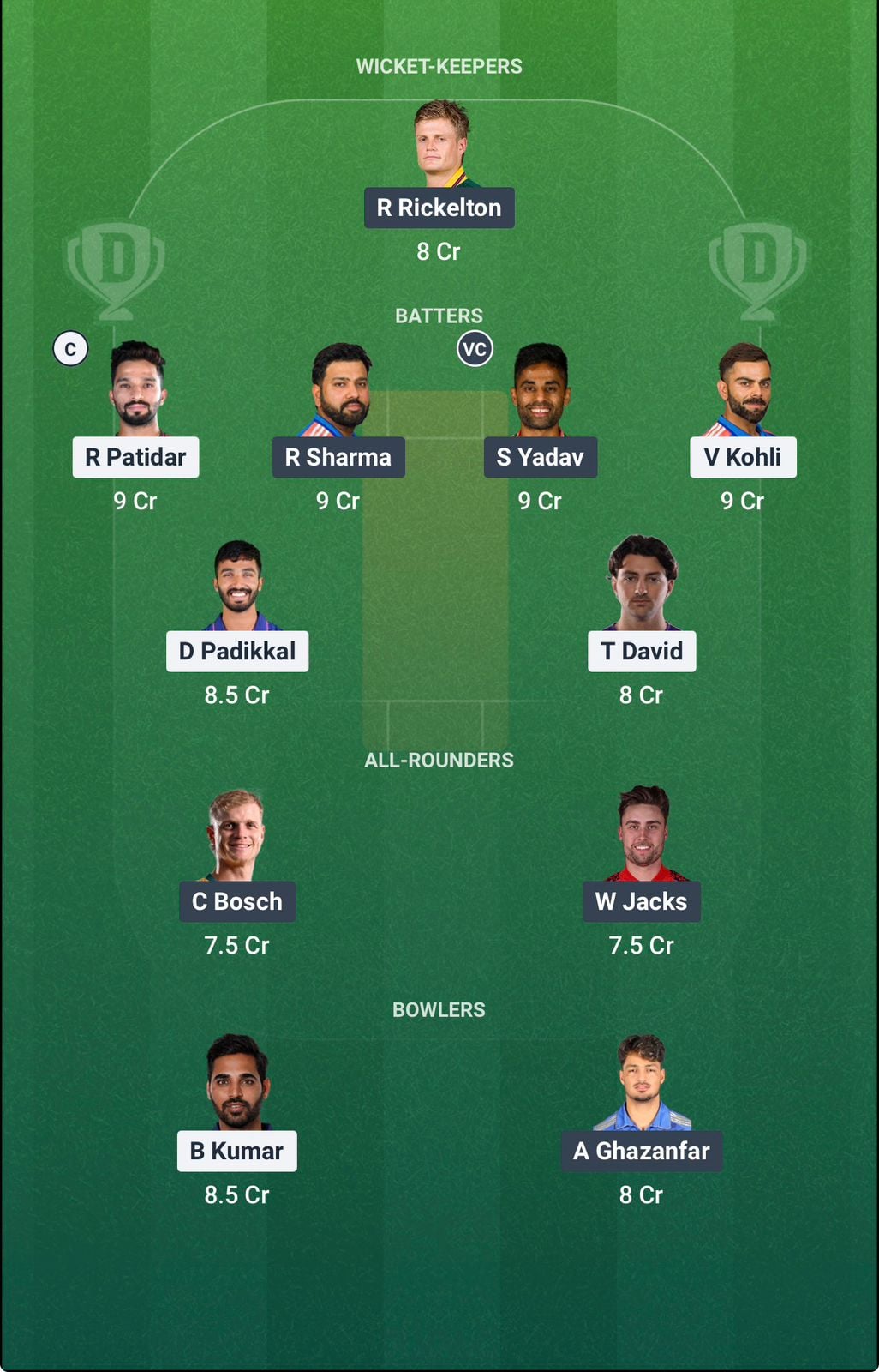 Screenshot from Dream11 app. Possible XIs, Fantasy Cricket Tips, Raipur Pitch Report & Dream11 Prediction for the 54th match of IPL 2026: RCB vs MI today.