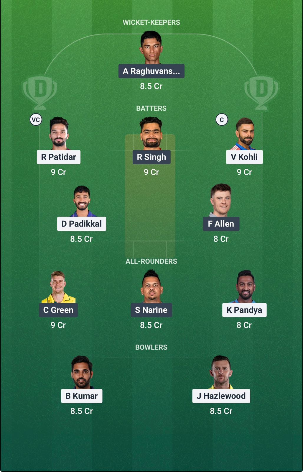 Screenshot from Dream11 app. Possible XIs, Fantasy Cricket Tips, Raipur Pitch Report & Dream11 Prediction for the 57th match of IPL 2026: RCB vs KKR Today.