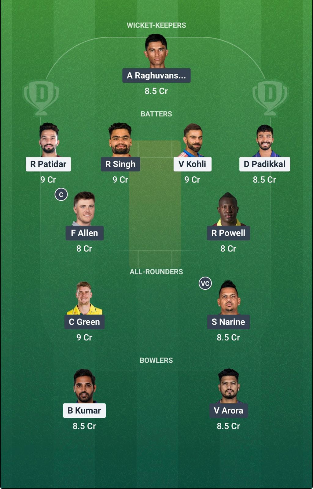 Screenshot from Dream11 app. Possible XIs, Fantasy Cricket Tips, Raipur Pitch Report & Dream11 Prediction for the 57th match of IPL 2026: RCB vs KKR Today.