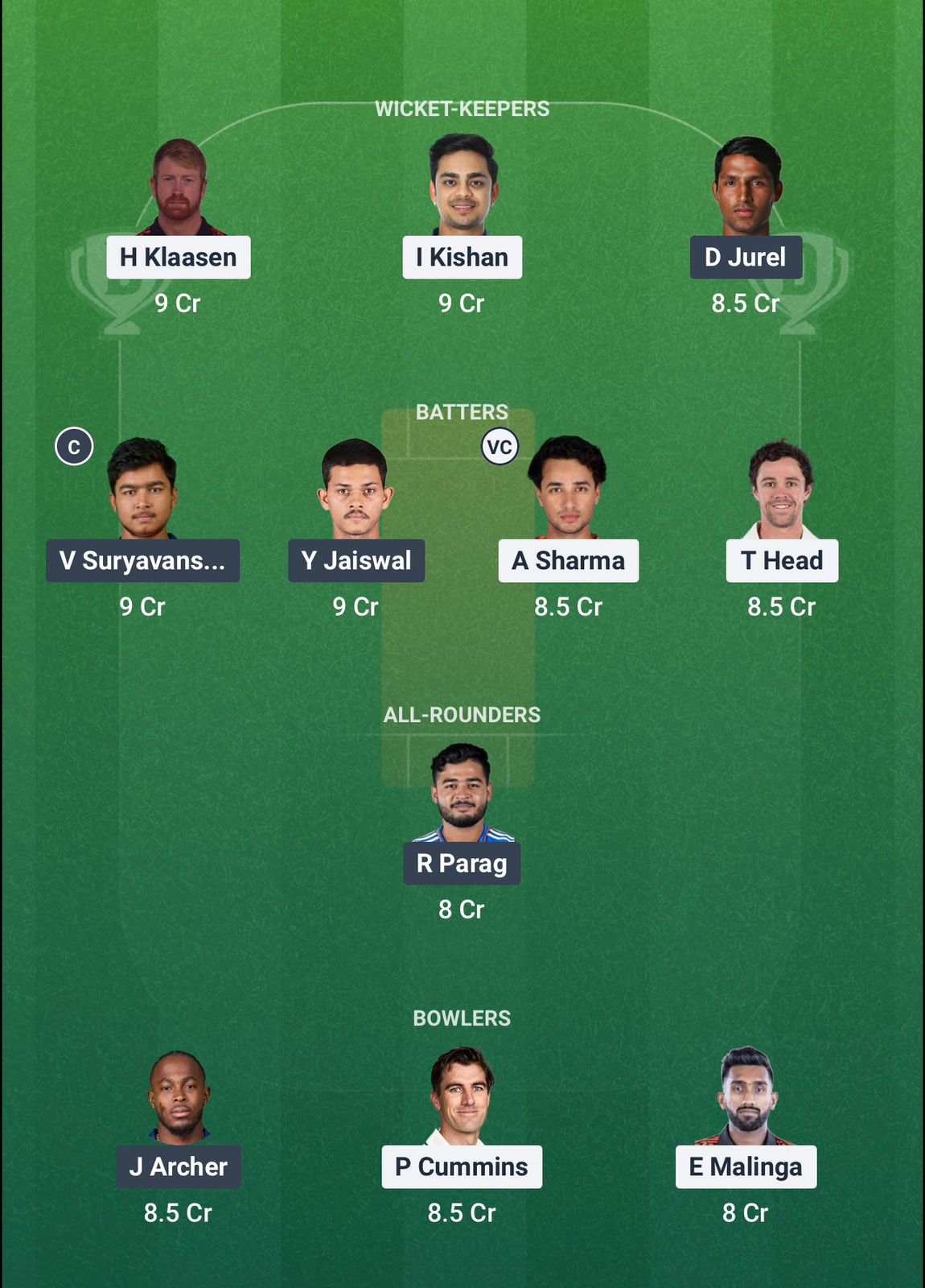 Screenshot from Dream11 app. Possible XIs, Fantasy Cricket Tips, Mullanpur Pitch Report & Dream11 Prediction for IPL 2026 Eliminator: SRH vs RR Today.