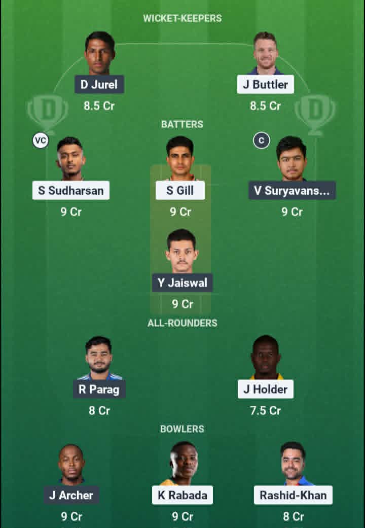 Screenshot from Dream11 app. Possible XIs, Fantasy Cricket Tips, Mullanpur Pitch Report & Dream11 Prediction for IPL 2026 Qualifier 2: RR vs GT Today.