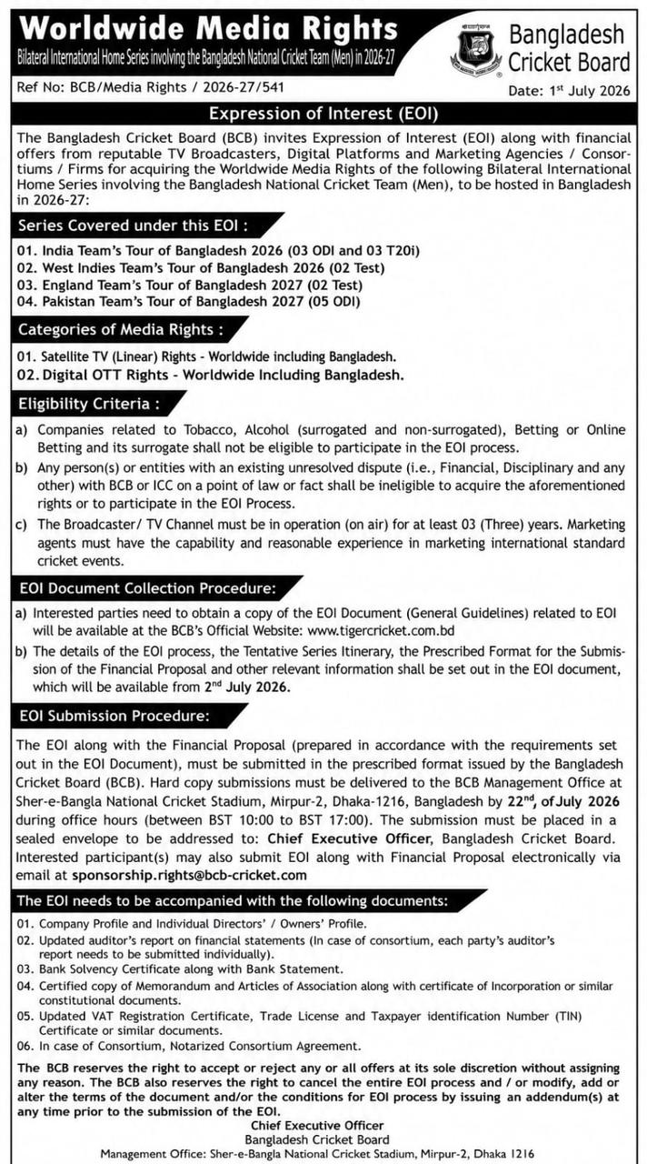 Bangladesh Cricket Board (BCB) includes India tour as part its international media rights tender/Expression of Interest.