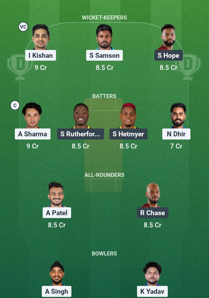 Screenshot from Dream11 app. A look at the Possible XIs, Fantasy Cricket Tips, Ranchi Pitch Report & Dream11 Prediction for IND vs WI 2nd T20 Today.