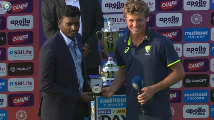 News: Nathan McSweeney spoke of the players who help him learn how to play spin, and gave credit to Australia A after the series win.