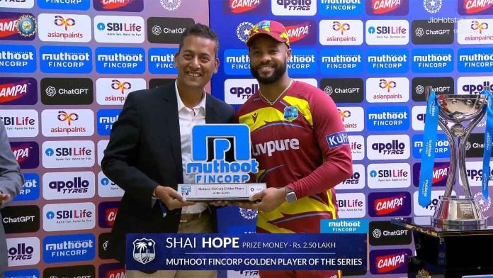 News: Shai Hope reacts after winning player of the series in the T20Is against India, which finished level at 2-2.